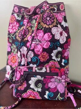 Vera Bradley “Mod Floral Pink” Drawstring Backpack & Tri-Fold Crossbody Wallet